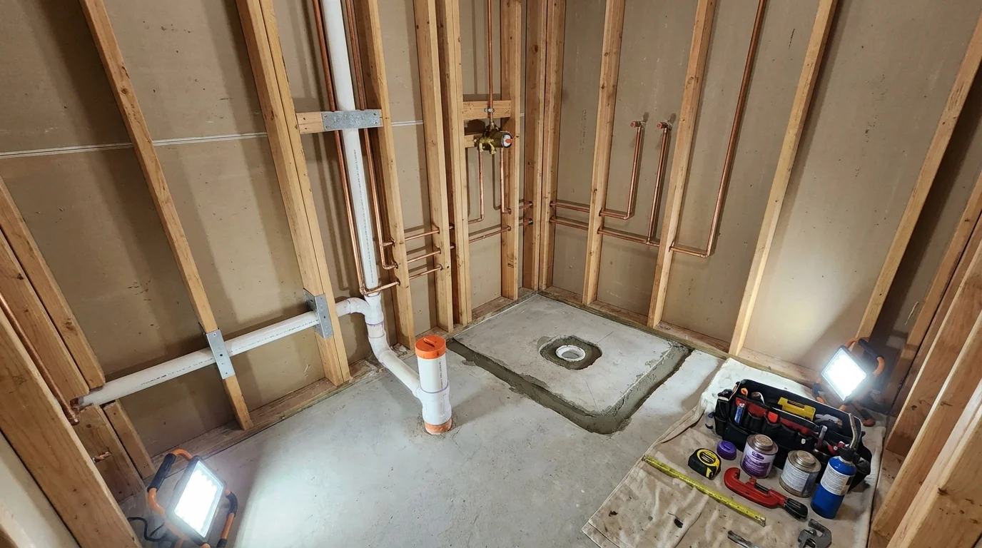 Bathroom rough-in plumbing during remodel by Johns Plumbing LLC in South Pittsburg