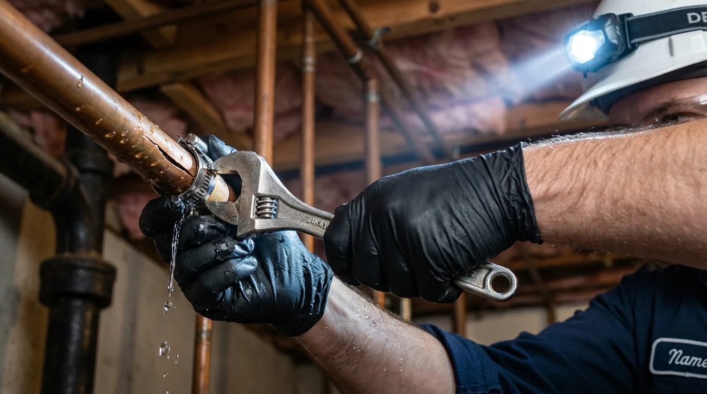 Emergency pipe clamp repair being performed by a Johns Plumbing LLC plumber in South Pittsburg