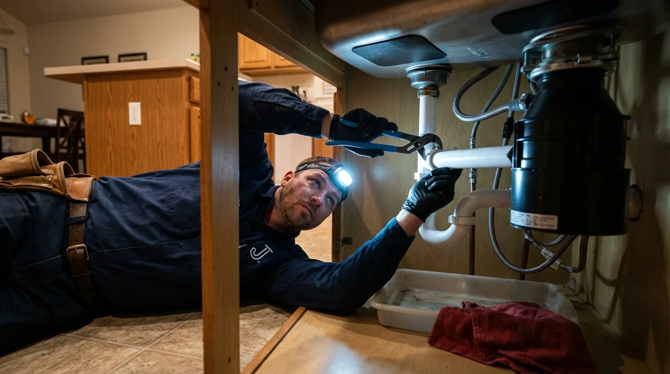 P-trap and supply line connections under a kitchen sink showing a common leak point in South Pittsburg, TN